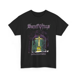 May include: Black t-shirt featuring the band name "Saint Vitus" in purple, above a graphic of a cross inside a gothic archway. The text "born too late" is below the graphic. The design is printed on the front of the shirt.