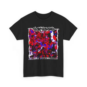 May include: Black t-shirt with a red, blue, and white graphic print of a band logo. The text "REEK of PUTREFACTION" is printed below the graphic.