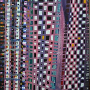 May include: Abstract painting with a grid-like pattern in shades of pink, purple, black, white, and yellow. The artwork features a vertical composition with a textured appearance, suggesting brushstrokes and layers of paint.