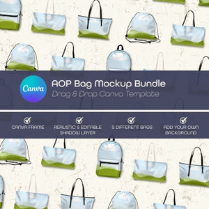 Könnte beinhalten: Ein Mockup-Bundle mit verschiedenen Taschenstilen, darunter Tragetaschen, Kordelzugbeutel und ein Rucksack, jeweils mit einem Himmel- und Grünlandschaftsdesign. Der Text "AOP Bag Mockup Bundle" und "Drag & Drop Canva Template" ist enthalten.