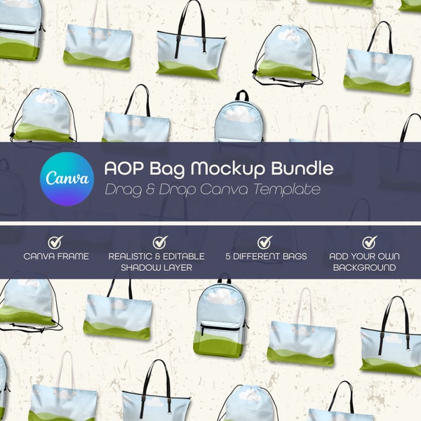 Bag Mockup Bundle, Drag and Drop Canva frame, AOP Mockup, Print on DemandAll Over Print Design