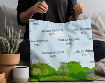 All Over Print Tote Bag Mockup, Black Handle (PNG)