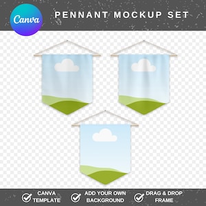 May include: Three pennant mockups with a sky and cloud design. Each pennant is light blue with a white cloud and green hills at the bottom. The pennants hang from a gold-colored rod and string. The Canva logo is in the upper left corner.