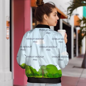 Trendige AOP Bomberjacke Mockup BACK mit Transparentem Overlay - Canva Kompatibel