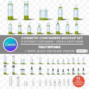 May include: A mockup set of 13 different cosmetic containers in various shapes and sizes. The containers are clear with green and white accents. The image includes the text "COSMETIC CONTAINERS MOCKUP SET" and "FULLY EDITABLE".