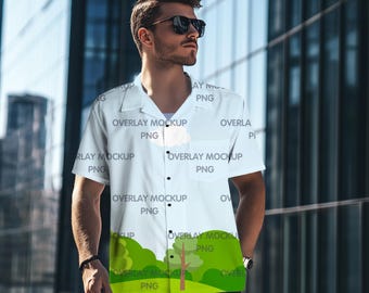 Black Button Shirt Mockup, Hawaiian Shirt Design, Canva Overlay (PNG)