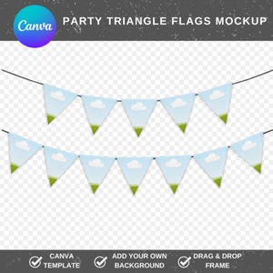 May include: Two rows of light blue party triangle flags with white clouds and green accents. The flags are strung on black string. The top of the image has the text "PARTY TRIANGLE FLAGS MOCKUP". The Canva logo is in the top left corner.