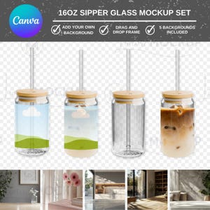 May include: Set of four 16 ounce glass sipper cups with bamboo lids and straws. The cups are shown with different backgrounds, including a blue sky with clouds and green grass, a clear background, and a background with iced coffee.