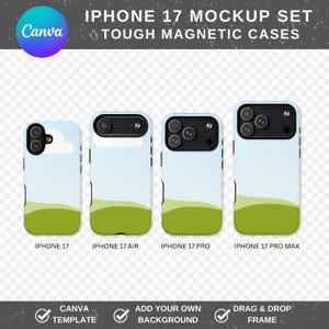 以下が含まれることがあります： タフなマグネット機能を備えたiPhone 17ケースのモックアップセット。ケースは、水色の空と緑の風景のデザインです。画像には、iPhone 17、17 Air、17 Pro、17 Pro Maxのモデルが含まれています。Canvaのロゴは左上にあります。