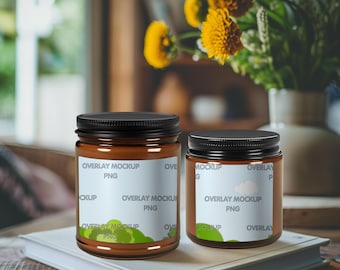 Mockup di candela in vetro ambrato, 9 oz e 4 oz, rivestimento per candela di soia (PNG)