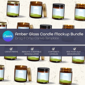 Op de afbeelding: Een mockup-bundel van vier amberkleurige glazen kaarsenpotten met gouden deksels. De potten hebben een wit etiket met een groen landschapsontwerp. De tekst "Amber Glass Candle Mockup Bundle" en "Drag & Drop Canva Template" wordt weergegeven op een blauwe achtergrond. De tekst "Canva Frame", "Realistic & Editable Shadow Layer", "4 Different Candles" en "Add Your Own Background" wordt weergegeven op een witte achtergrond.