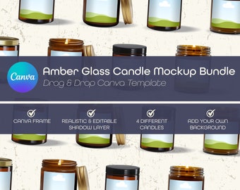 Amber Glass Candle Mockup Bundle, Drag & Drop Canva Template