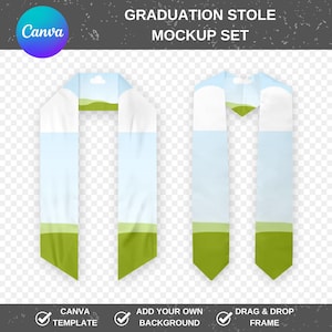 May include: Two graduation stoles in a mockup set. The stoles are white, light blue, and green. The top of the stoles have a landscape design. The image includes the text "GRADUATION STOLE MOCKUP SET" and "CANVA TEMPLATE".