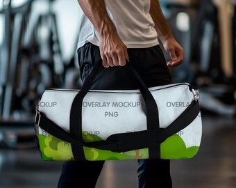 Duffel Bag AOP Design Mockup, White Strap Handle Bag (PNG)