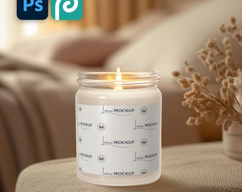 Soy Candle Label Mockup | Clean Aesthetic, Modern Interior (PSD Printify)