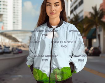 Trendy AOP Bomber Jacket Mockup with Transparent Overlay - Canva Compatible