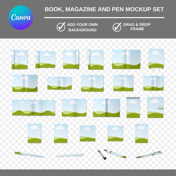 Canva Book Mockup Templates, Magazine & Pen (Digital Download)