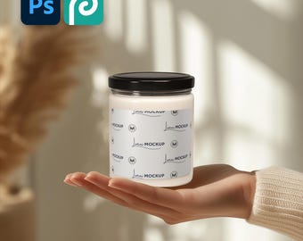 Soy Candle Label Mockup, Modern Interior (PSD Printify)