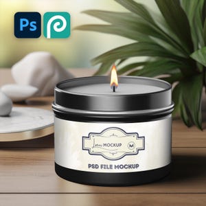 May include: A black candle jar with a white label that says "mini MOCKUP PSD FILE MOCKUP". The candle is lit and the flame is visible.