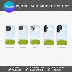 May include: A digital phone case mockup set V2 featuring five different smartphone models including iPhone 15 Pro Max, 15 Plus, 14, Galaxy S23, and S23 Ultra. Each case displays a light blue sky with a white cloud and a green grassy hill landscape.