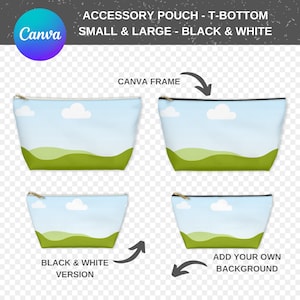 Può includere: Due pochette con cerniera con un design a paesaggio. La pochette superiore è una cornice Canva con un cielo blu, nuvole bianche e colline verdi. La pochette inferiore è in bianco e nero con lo stesso design. Il testo "CANVA FRAME", "BLACK & WHITE VERSION" e "ADD YOUR OWN BACKGROUND" è visibile.