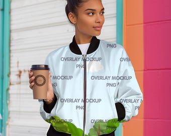 Trendy AOP Bomber Jacket Mockup with Transparent Overlay - Canva Compatible