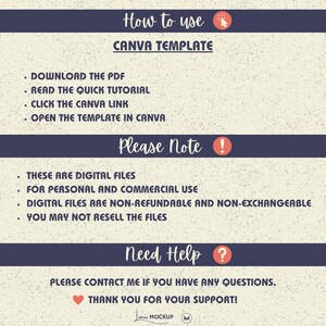 May include: A digital file guide with instructions on how to use a Canva template. The guide includes steps to download the PDF, read the tutorial, click the Canva link, and open the template. It also includes notes about digital files and usage.