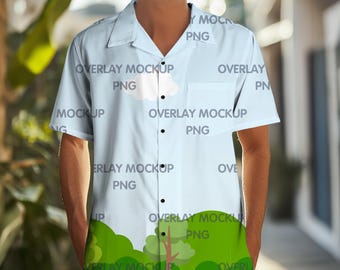 Black Button Shirt Mockup, Hawaiian Shirt Design, Canva Overlay (PNG)