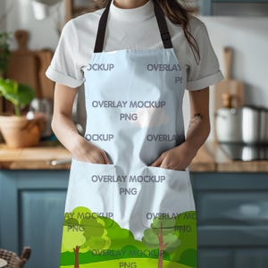 Puede incluir: Un delantal de cocina azul y blanco con un patrón repetido del texto "Overlay Mockup PNG". El delantal tiene dos bolsillos y una ilustración verde y blanca de árboles y una colina cubierta de hierba en la parte inferior.