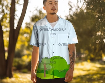 AOP Black Button Shirt Mockup, Hawaiian Shirt Design (PNG)