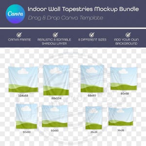 Canva 用ドラッグ & ドロップ フレーム付きタペストリー モックアップ バンドル、壁掛けフラッグ モックアップ、タペストリー モックアップ、オンデマンド印刷、DIY 背景