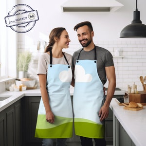AOP Couple Apron Mockup with Transparent Overlay - Perfect for Canva Creations - Print on Demand Mockup