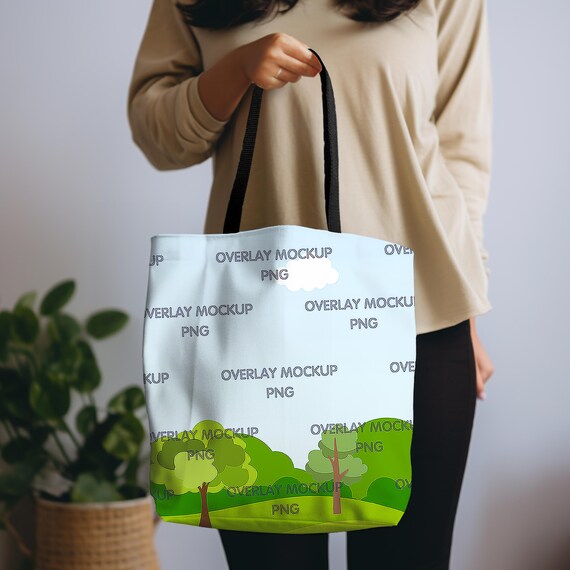 AOP Tote Bag Mockup, Printify Mockup, Black Handle (PNG)