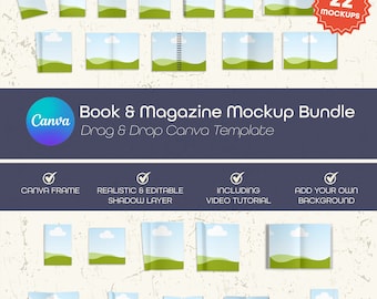 May include: A set of 22 book and magazine mockups for Canva. The mockups feature a variety of poses, including a book lying flat, a book standing upright, and a book being held open. The mockups are designed to be used in a variety of marketing materials, such as social media posts, website banners, and email newsletters.
