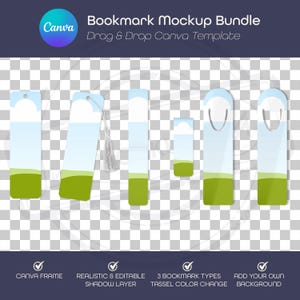 Può includere: Un set di mockup di cinque diversi design di segnalibri. I segnalibri sono tutti rettangolari e hanno uno sfondo bianco con un cielo blu e un design di erba verde. I segnalibri hanno diversi stili di nappe. Il testo "Bookmark Mockup Bundle" e "Drag & Drop Canva Template" è nella parte superiore dell'immagine.
