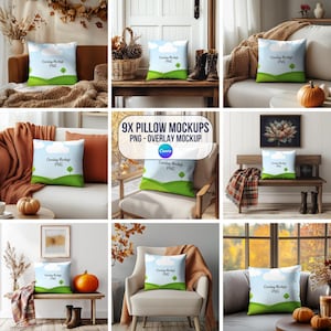 May include: Nine pillow mockups with a green, white, and blue design featuring a tree and clouds. The pillows are displayed on various surfaces, including couches, chairs, and benches. The text "Overlay Mockup PNG" is displayed on the pillows.