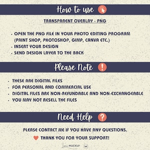 Pu&ograve; includere: Una guida di istruzioni per un file digitale con sfondo blu e testo bianco. Il testo spiega come utilizzare un file PNG di sovrapposizione trasparente per l'editing fotografico. La guida include anche una nota sui file digitali che sono per uso personale e commerciale, non rimborsabili e non scambiabili. La guida include anche una nota sul divieto di rivendita dei file.