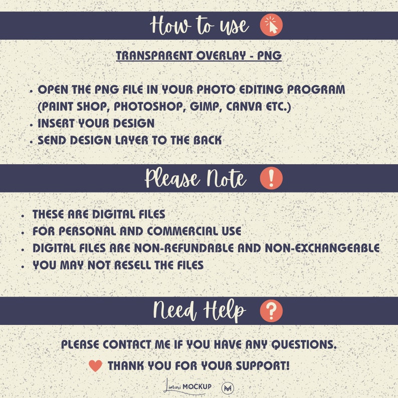 Pu&ograve; includere: Una guida di istruzioni per un file digitale con sfondo blu e testo bianco. Il testo spiega come utilizzare un file PNG di sovrapposizione trasparente per l'editing fotografico. La guida include anche una nota sui file digitali che sono per uso personale e commerciale, non rimborsabili e non scambiabili. La guida include anche una nota sul divieto di rivendita dei file.