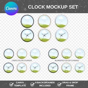 May include: A set of eight clock mockups with different backgrounds and color variations. The clocks feature a white cloud and green grass design. The text "LINES COLOR CHANGE" and "NUMBERS COLOR CHANGE" is displayed below the clocks.