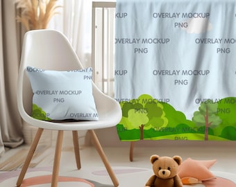 Pacchetto mockup di coperta e cuscino per bambini - Sovrapposizione PNG compatibile con Canva