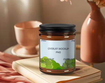 Mockup di candela in vetro ambrato, candela di soia da 9 once (sovrapposizione PNG)