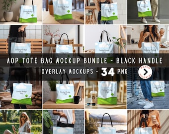 AOP Tote Bag Mockup Bundle, Printify Black Handle (34 PNG)