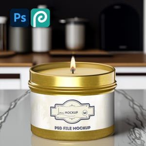 May include: A gold candle jar with a white label that says "Jardin Mockup PSD File Mockup". The candle is lit and the wax is melting.