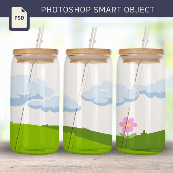 16oz Glass Libbey Mockup - Full View Wrap Mockup - Libbey Glass Can Mockup - PSD Smart Object