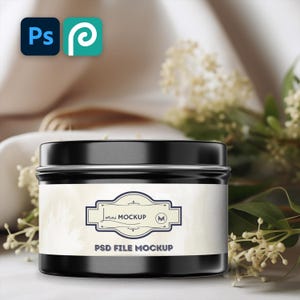 May include: A black round tin with a white label that reads "mini mockup" and "PSD file mockup". The tin is set against a blurred background with flowers and the Adobe Photoshop and Adobe Premiere Pro logos.