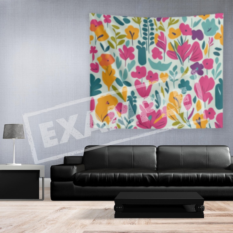May include: A tapestry featuring a colorful floral pattern with pink, yellow, and green flowers on a white background.