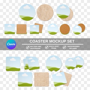 May include: A set of 10 coaster mockups with different designs. The coasters are round and square, with a variety of colors and patterns. The mockups are perfect for showcasing your own designs.