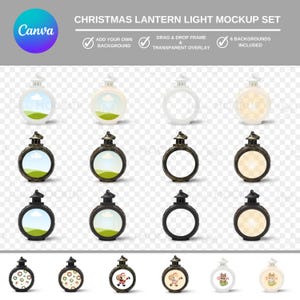 May include: A mockup set of six Christmas lantern lights with different backgrounds. The lanterns are round and have a black metal frame with a white or clear glass insert. The backgrounds include a green field, a white background, a white background with a light glow, and three different Christmas-themed patterns.