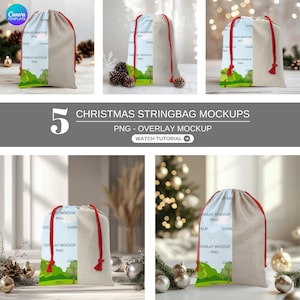 May include: Five Christmas string bag mockups with a red drawstring and a white background. The bags are decorated with a green and blue Christmas scene. The text "OVERLAY MOCKUP PNG" is repeated on the bags.