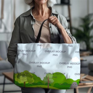 May include: A white tote bag with a repeating pattern of green trees and the text "Overlay Mockup PNG" on a light blue background.